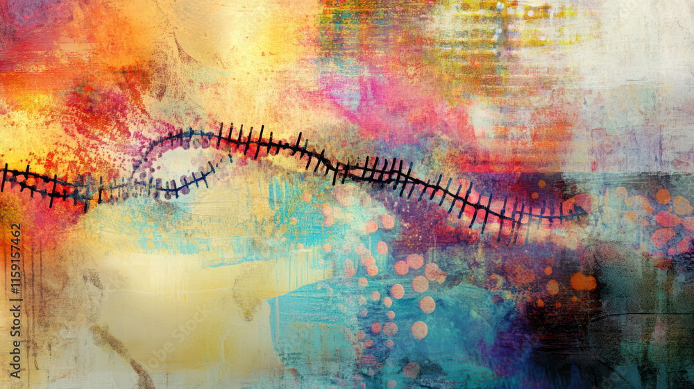 Poster abstract representation of vibrant colors and textures, featuring wavy line resembling fence or barr