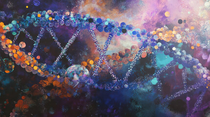 abstract art piece featuring colorful DNA sequences, vibrant hues, and intricate patterns, evoking sense of wonder and exploration in realm of genetics