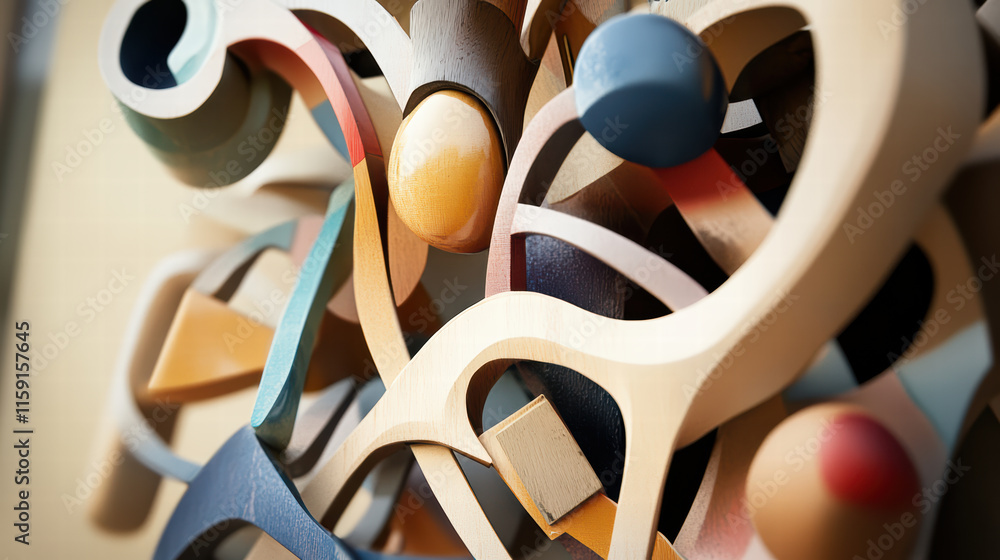 Poster abstract sculpture featuring intertwined shapes and vibrant colors, showcasing blend of artistic des