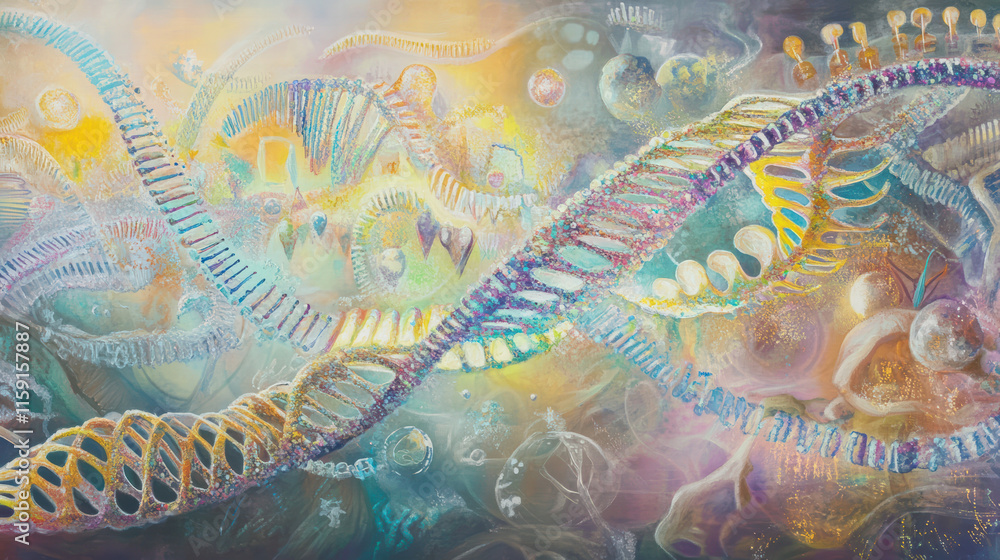 Poster artistic interpretation of dna as vibrant canvas, showcasing colorful strands intertwined with abstr
