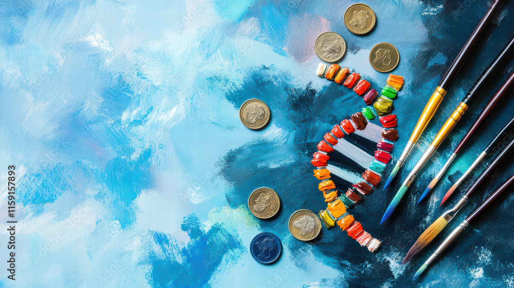 Poster artistic representation of dna double helix made of colorful beads, surrounded by paintbrushes and c