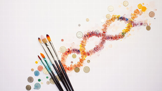 Artistic representation of DNA double helix with paintbrushes and coins, symbolizing creativity and science. vibrant colors and textures evoke sense of innovation and exploration
