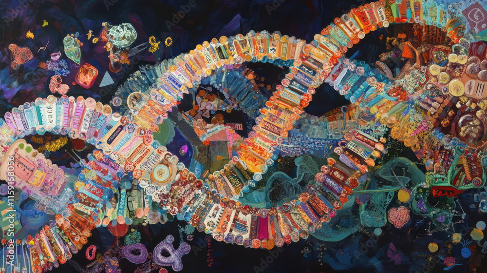 Poster artistic representation of intertwined dna helixes, showcasing vibrant colors and intricate patterns