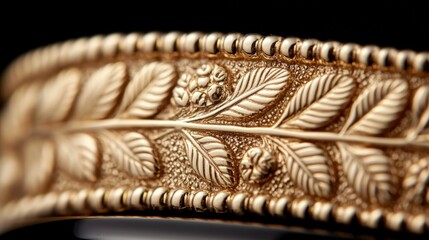Grammy award concept, A close-up of a beautifully crafted gold bracelet featuring intricate leaf and floral designs, showcasing exquisite detailing and craftsmanship.