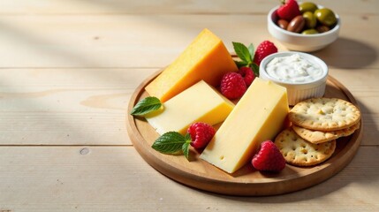 A delectable arrangement of assorted cheeses, complemented by fresh raspberries, crisp crackers, and a creamy dip, presented on a rustic wooden board.