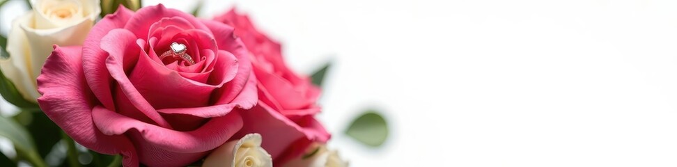 Elegant rose bouquet isolated on white background with wedding ring at its center, rings, wedding decor, marriage