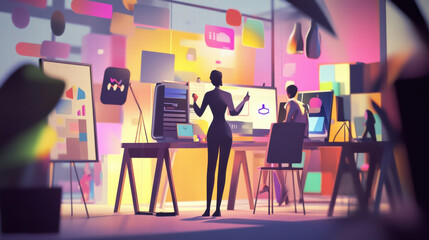 Engaging video marketing scene with diverse characters in creative workspace. vibrant atmosphere showcases collaboration and innovation in digital marketing strategies