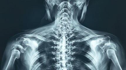 X ray of a human body. Patient chest lung and spine bones scan 