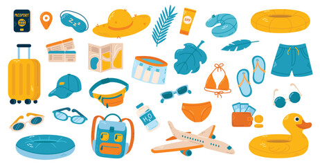 Huge set of travel and tourism items. Vector flat illustration on white background