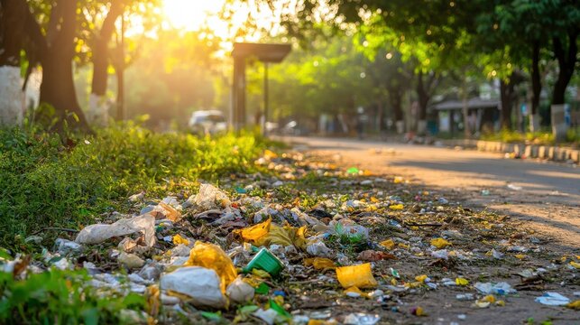 Waste Disposal at a Rural Bus Stop in Afternoon Light