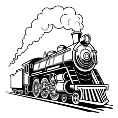 Vintage steam engine locomotive Silhouette, retro train illustration, puffing white smoke, Isolated on a transparent background © QuickDesign24