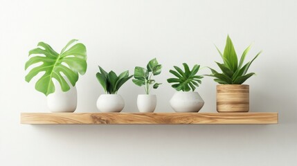 Five potted plants with vibrant green leaves arranged on a light wood shelf against a white wall. A calming and minimalist home decor aesthetic.
