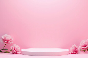 Blank podium with pink roses on pink background. Showcase for product, perfume, jewelry and cosmetic presentation
