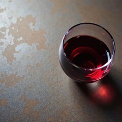 Half-empty glass of red wine, noticeable stains on surface, table, drink
