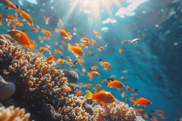 Obraz premium Many orange fishes in the sea UHD wallpaper