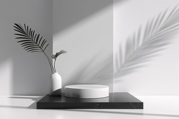 Beautiful empty podium with plant decor on the sides with space minimalist background