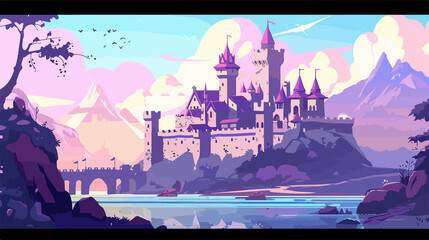 Stunning Flat Vector Illustration of Large Castle Fortress or Kingdom