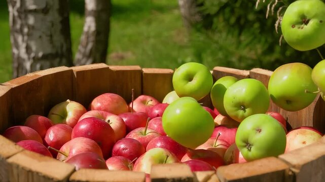 Ripe delicious green apples are falling into the wooden barell . High quality 4k footage