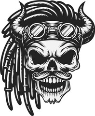 Masculine rider demon skull with dreadlock hair & rider glasses