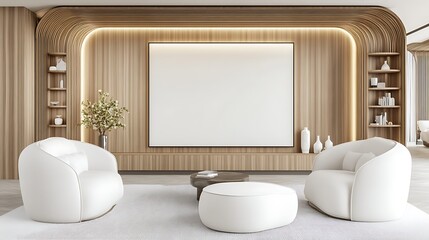 Modern Living Room Interior Design  White Armchairs  Wooden Wall   Mockup