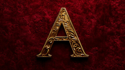 "A" with a gold texture and subtle engravings, placed on a rich, velvet-red background. 