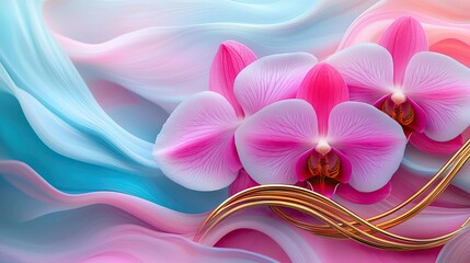 Orchid floral abstract background idea. Stunning pink orchids delicately placed against a soft, flowing blue backdrop.