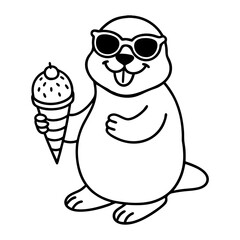 A groundhog holding an ice cream cone, wearing sunglasses line art design