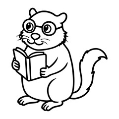An adorable groundhog wearing glasses, reading a book line art design