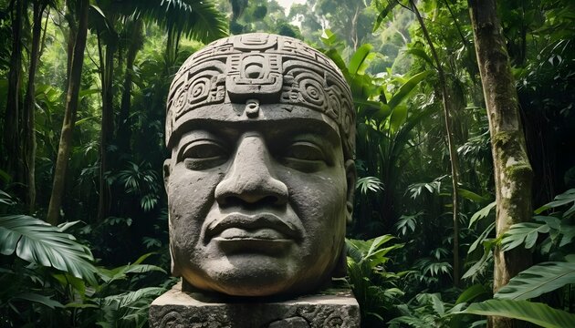 Olmec Head in Lush Tropical Rainforest: A Glimpse into Ancient History