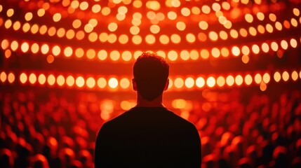 Grammy award concept, A silhouette of a person stands before a dazzling display of warm, glowing lights, creating an electrifying atmosphere filled with excitement and anticipation.
