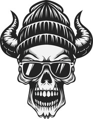 Demon skull wearing glasses & chill beany hat