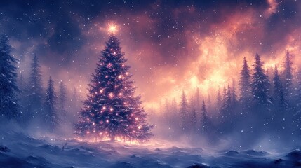 Naklejka premium A serene winter landscape featuring a decorated Christmas tree amidst a snowy forest.