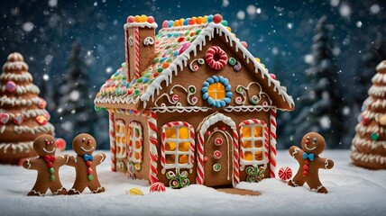gingerbread house in the snow