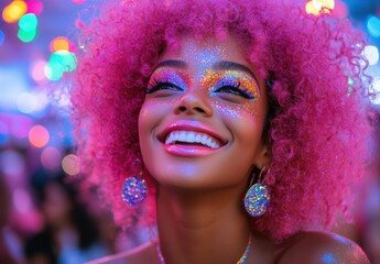 Obraz premium Vibrant Joyful Celebration: Close-Up of Young Woman with Pink Hair and Glittery Makeup in a Colorful Party Atmosphere with Lights and Smiles