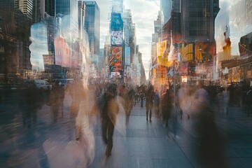 Obraz premium A busy city street with a blurred crowd walking under the sun. Background AI generated image