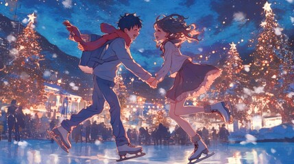 Winter Wonderland Romance Anime couple ice skating under festive lights