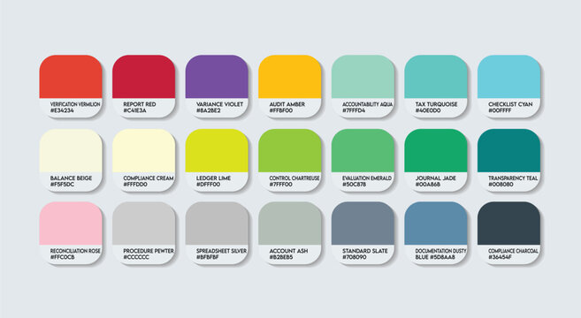 Auditor Color Guide Palette with Color Names. Catalog Sample Auditors with RGB HEX codes and Names. Colors Palette, Company management Auditor Color Palette, Fashion Trend Auditor, 2026 Color Palette