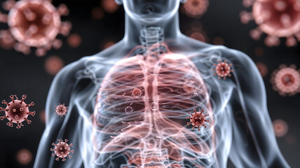 An impressive 3D illustration of the human body highlighting the lungs, surrounded by floating virus particles, to emphasize the impact of COVID-19 on the respiratory system in a striking visual.