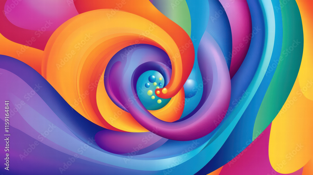 Poster colorful abstract design featuring vibrant spiral pattern with smooth gradients and dynamic shapes. 