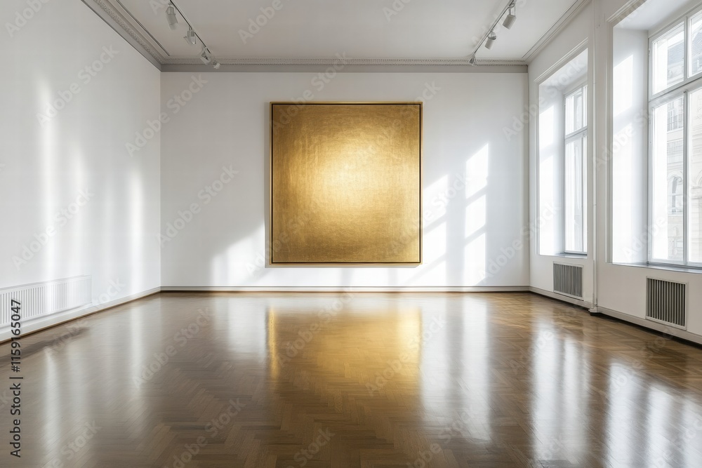 Poster luxurious art gallery featuring an expansive golden artwork illuminated by natural light. generative
