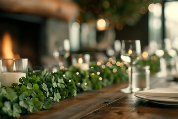 cozy st patricks day celebration, tables decorated with four-leaf clovers, a cozy fire, and the joy of celebrating a festive day with loved ones