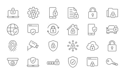 Security thin line icon set. Protection symbol vector. Included Digital Authentication, Verification, Privacy Protection, Fingerprint Scanner. and more. Editable stroke. 
