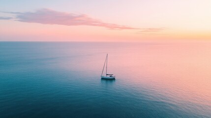Fototapeta premium A tranquil composition of a lone sailboat drifting on a calm sea under a pastel sunset sky, aerial shot, Naturalistic style