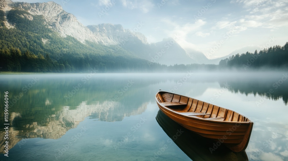 Poster a tranquil composition of a rowboat floating on a calm lake surrounded by misty mountains, morning l