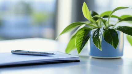 Peaceful white desk with fresh greenery and a notebook, symbolizing balance, health, and personal growth.