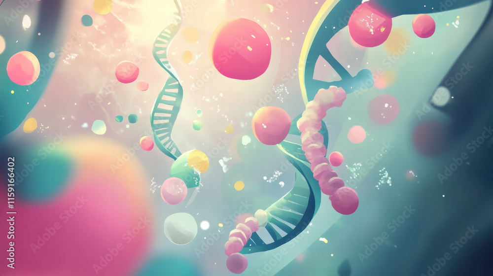 Poster elegant banner design featuring stylized dna helix and colorful molecular structures, creating vibra