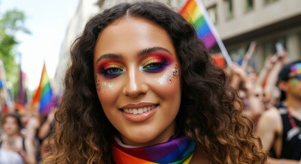 Vibrant pride celebration featuring young woman with rainbow makeup and flag