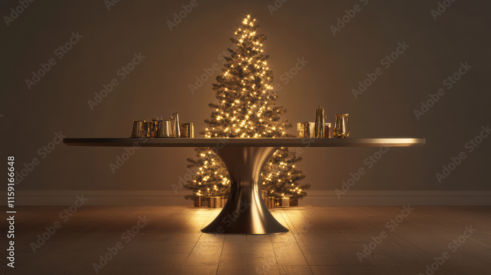Poster elegant empty christmas table with softly glowing tree in background, creating warm and inviting atm