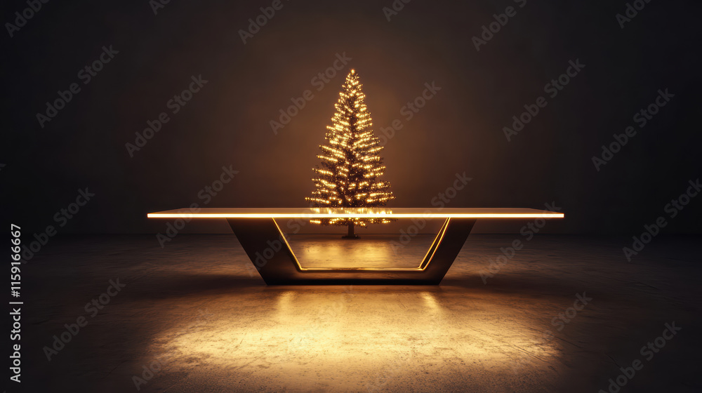 Poster elegant empty christmas table with softly glowing tree in background, creating warm and inviting atm