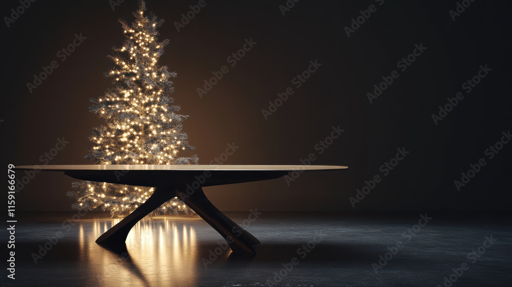 Aufkleber elegant empty christmas table with softly glowing tree nearby, creating warm and inviting atmosphere